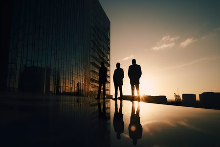 Silhouette of business people near modern building structure during sunsetの素材