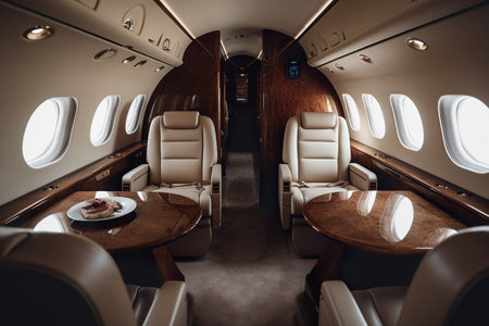 Business jet plane interior with leather comfortable seats. Private airplane transferの素材