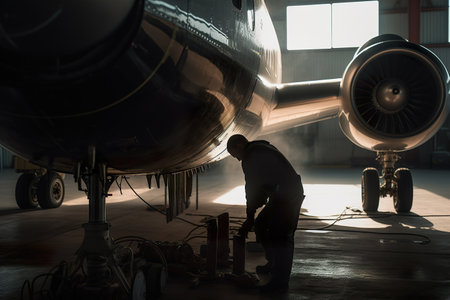 Airplane-mechanic make diagnostic of turbo jet engineの素材