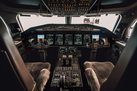 Cockpit pilot Flight Deck display. Throttle jet cabin with control panel planeの素材