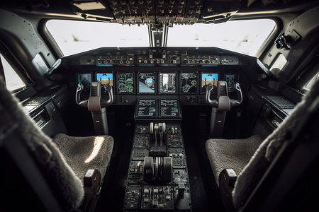 Cockpit pilot Flight Deck display. Throttle jet cabin with control panel planeの素材