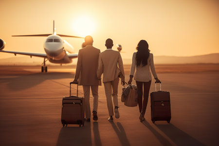 Family with luggage are going to thems private jet during sunsetの素材
