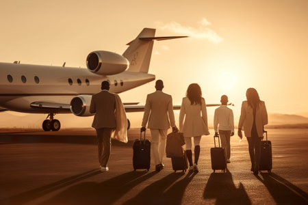 Family with luggage are going to thems private jet during sunsetの素材