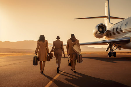 Family with luggage are going to thems private jet during sunsetの素材