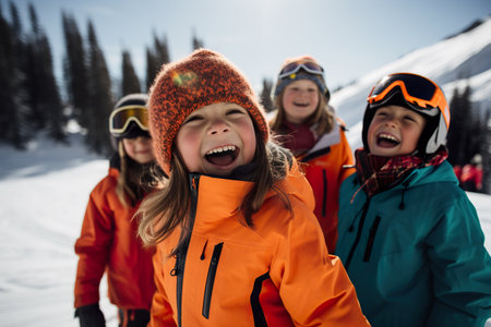 Kids have winter fun sport activities in snowy mountainsの素材