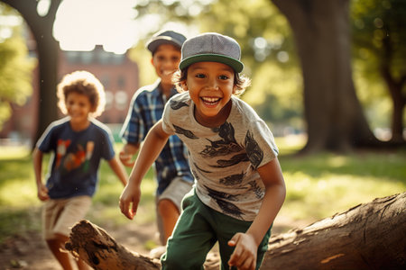 Cheerful and smiling teenager are playing outdoor during daylightの素材
