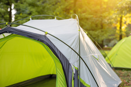 Freestanding Tent in forest during sunlightの写真素材