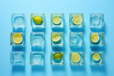 Ice cubes with lime slices arranged in square in cyan color backdropの素材