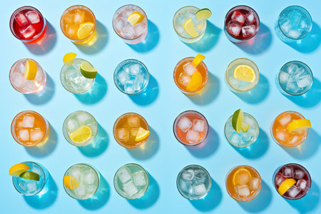 View from top on arranged drinks and ice cubes in a cyan backgroundの素材
