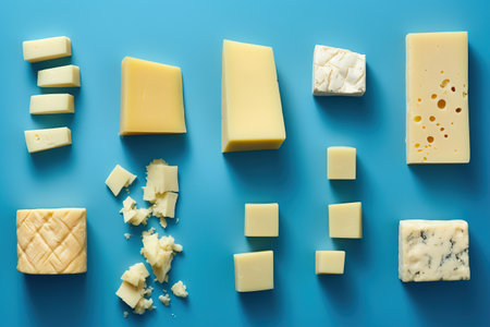 View from top on arranged cheese in a cyan backgroundの素材