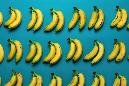 Ð¡ontrasting color composition with arranged bananas on a blue backgroundの素材