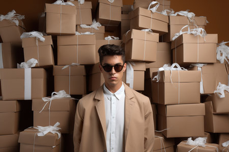 Creative fashion portrait of stylish man surrounded by craft paper boxesの素材