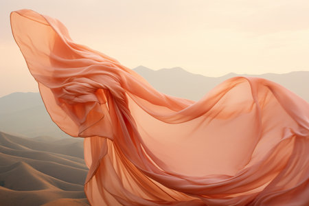 An artistic shot of an apricot colored silk fabric levitating on nature mountains backgroundの素材