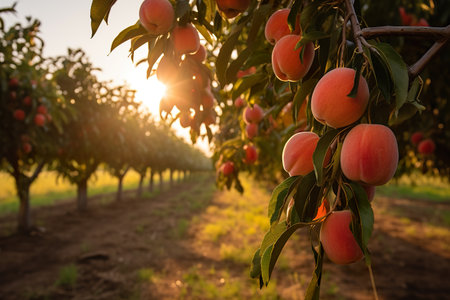 Ripe and juicy peaches are growing in the gardenの素材