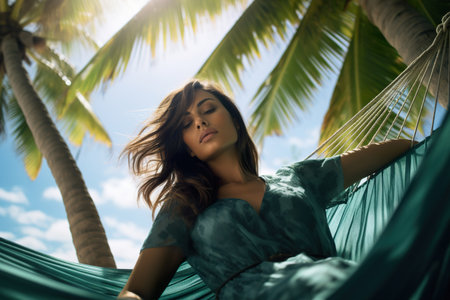 Beautiful woman in silk fabric dress is chilling on hammock near oceanの素材