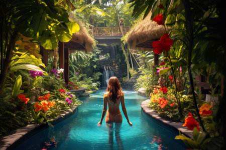 Attractive young woman is swimming on pool with stunning view on tropical natureの素材