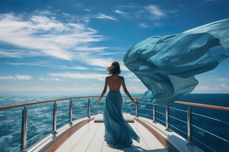 Attractive woman with silk towel standing on a yacht in the oceanの素材