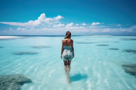 Attractive woman is standing in ocean with stunning panoramic viewの素材