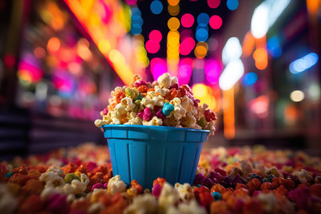 Delicious popcorn in paper bucket with blurred lights on backgroundの素材