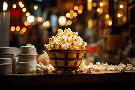 Delicious popcorn in paper bucket with blurred lights on backgroundの素材