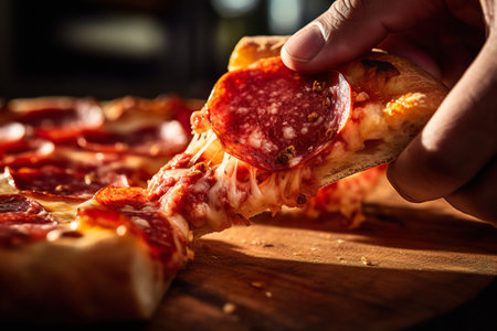 Close up photo of delicious pizza piece in human handの素材