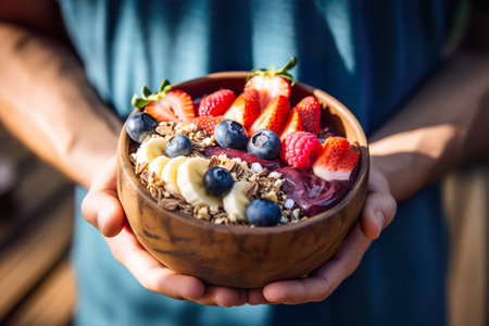 A tasty and healthy breakfast of oatmeal and a variety of added fruits in persons handsの素材