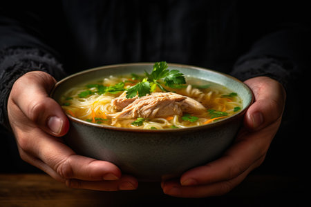 Soup with vegetables and meat in a plate held by a personの素材