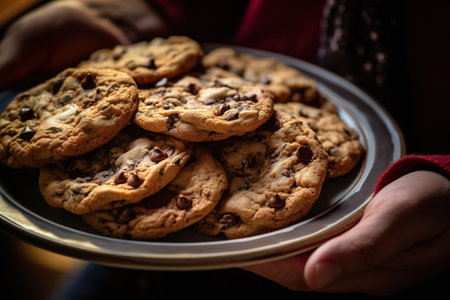 Close up delicious and nutritious oatmeal cookies with chocolate crumbsの素材