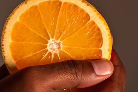 Macro photo of juicy orange slice in human handの素材