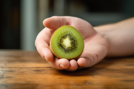 Half of a juicy green kiwi in a mans handの素材