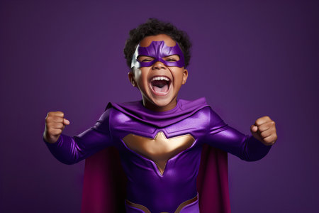 A child in a purple superhero costume shows exciting joyful emotionsの素材