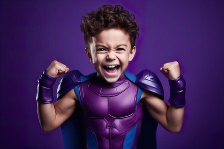 A child in a purple superhero costume shows exciting joyful emotionsの素材