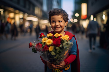 Kid in no name superhero costume gives someone mother flowers in streets. A noble deed of a childの素材