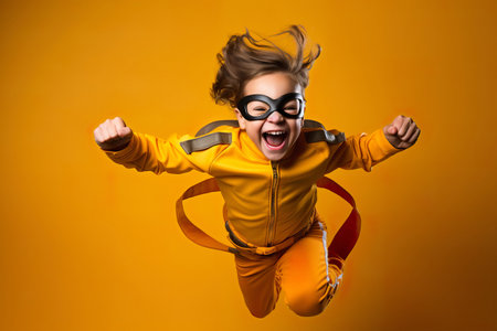 A child in a yellow superhero costume jumps and shows exciting joyful emotionsの素材