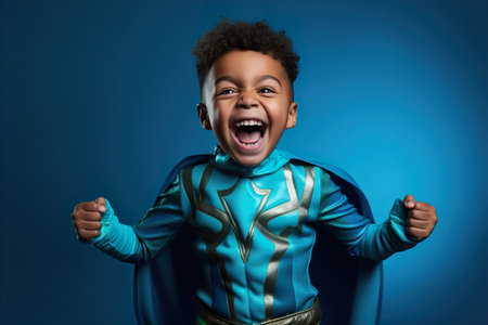 Joyful Child superhero on a cyan background. Masquerade costume of a superheroの素材