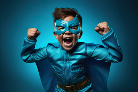 Joyful Child superhero on a cyan background. Masquerade costume of a superheroの素材