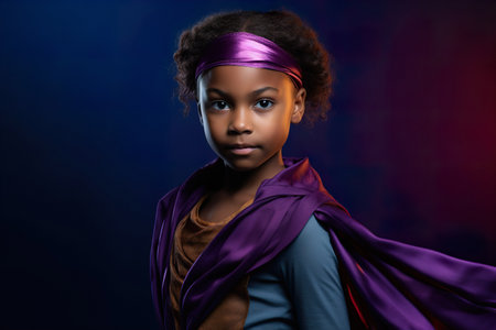 A confident child in a purple superhero costume shows joyful emotionsの素材