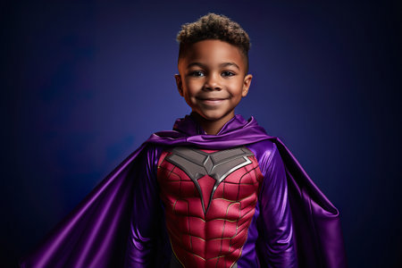 A confident child in a purple superhero costume shows joyful emotionsの素材