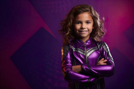 A confident child in a purple superhero costume shows joyful emotionsの素材