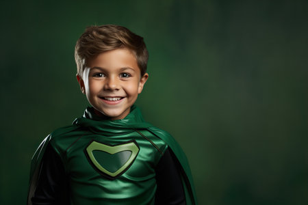 A child in green superhero costume shows exciting joyful emotionsの素材