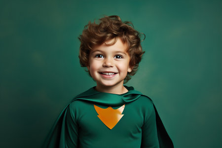 A child in green superhero costume shows exciting joyful emotionsの素材
