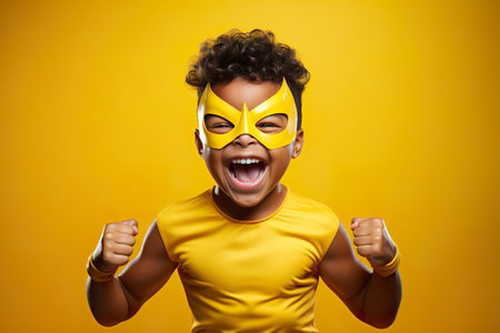 A child in a yellow superhero costume and mask on face shows exciting joyful emotionsの素材