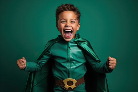 A child in green superhero costume shows exciting joyful emotionsの素材