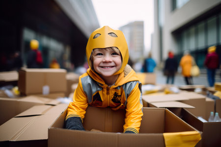 A child in yellow costume shows confident emotions during put something in paper boxの素材