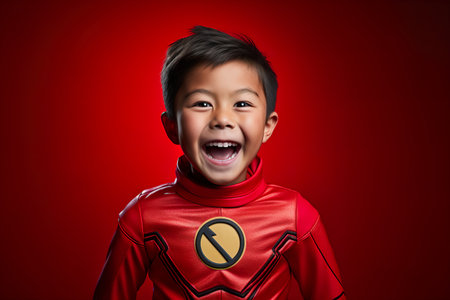 A confident child in a red superhero costume shows joyful emotionsの素材