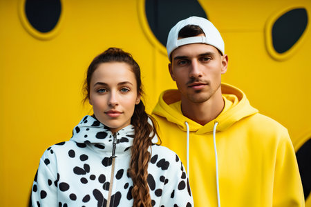 Trendy young couple in athleisure wear, pose against a vibrant yellow studio backdropの素材