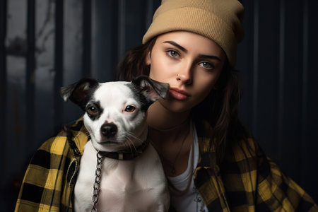 Young girl in urban fashion, exuding confidence while holding her loyal Jack Russell Terrier dogの素材