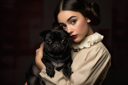 Sophisticated woman in vintage-inspired clothing, holding her adorable Pug closeの素材