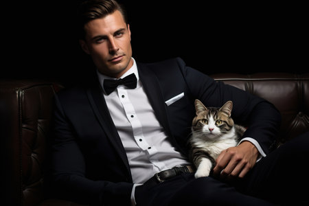 Stylish man in classic attire, lounging with his playful Tabby cat, against a black backgroundの素材