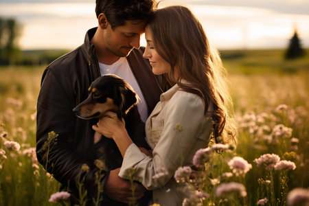 An attractive couple with their favorite dog standing in field full of flowersの素材